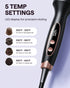 Hair styling tool with digital display and temperature settings on a light purple background