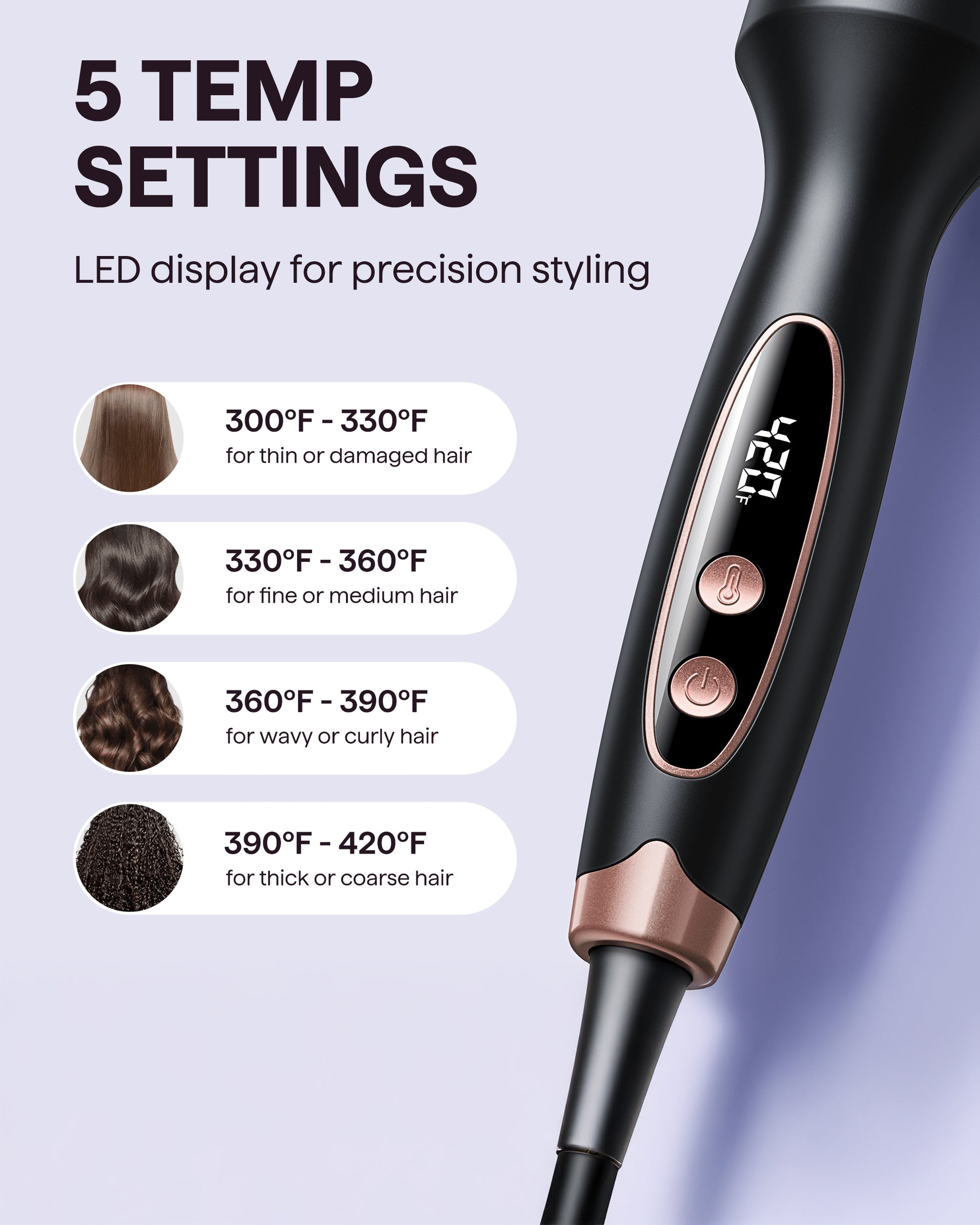 Hair styling tool with digital display and temperature settings on a light purple background