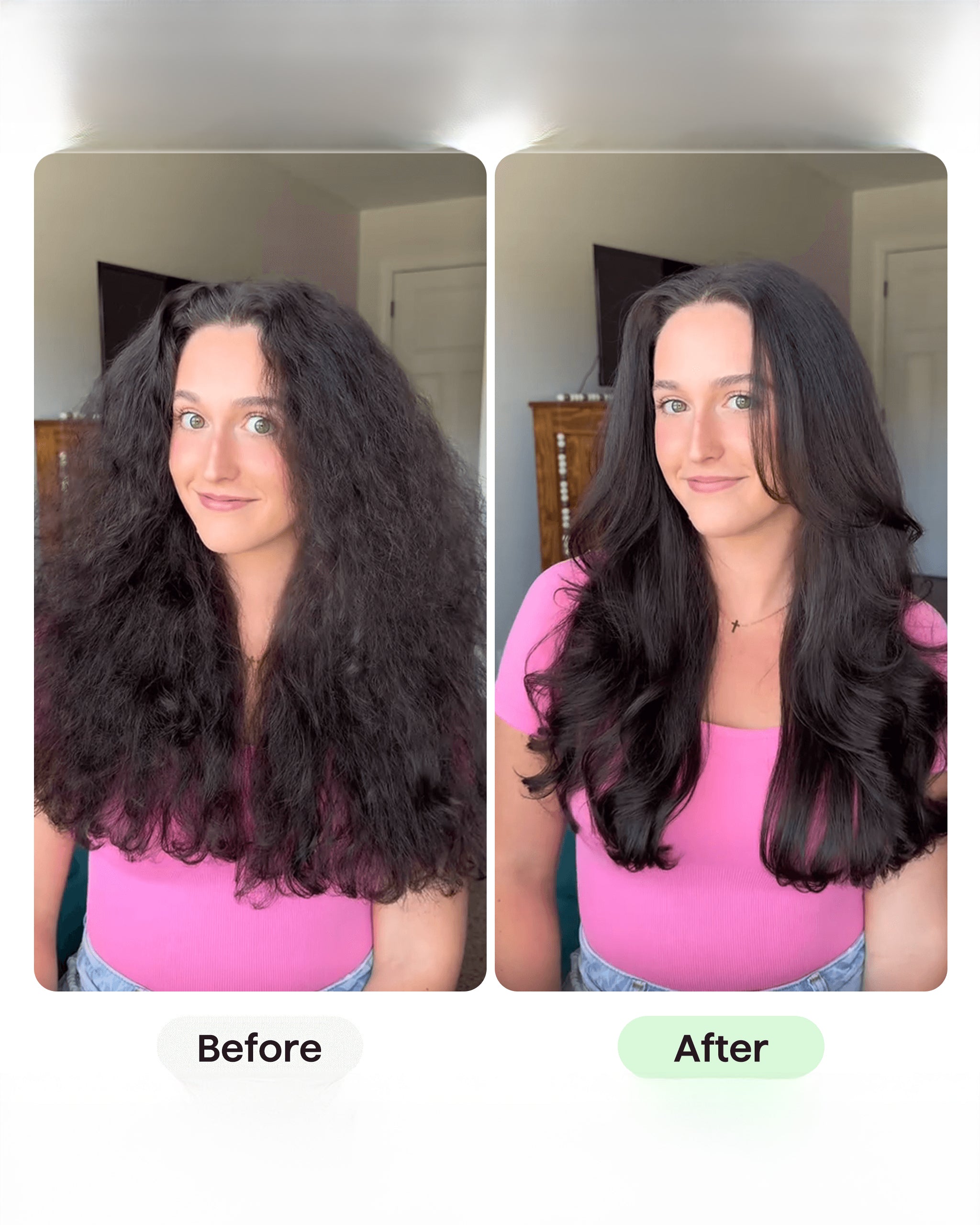 Before and after comparison of a person with long, wavy hair in a pink shirt.