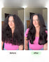 Before and after comparison of a person with long, wavy hair in a pink shirt.