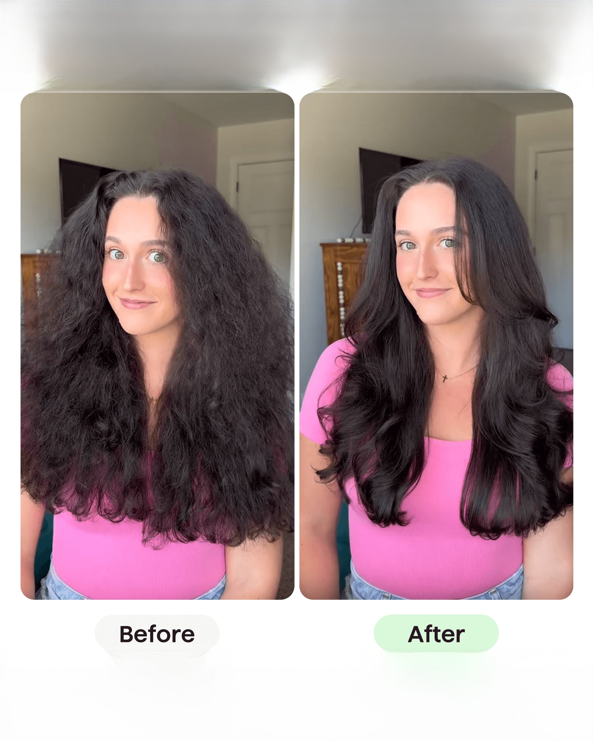 Before and after comparison of a person with long, wavy hair in a pink shirt.