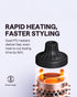 Hair styling tool with dual PTC heaters and text about rapid heating and faster styling.