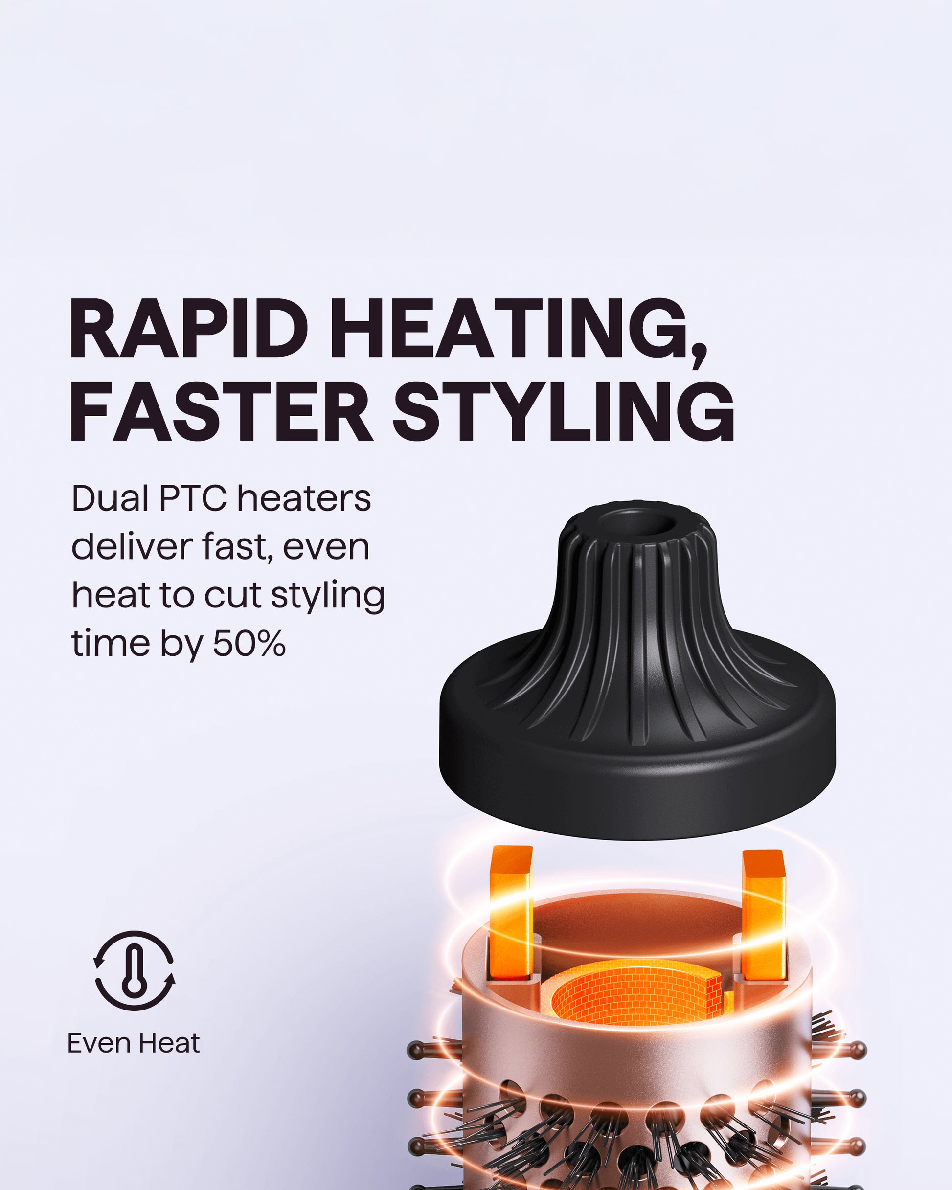 Hair styling tool with dual PTC heaters and text about rapid heating and faster styling.