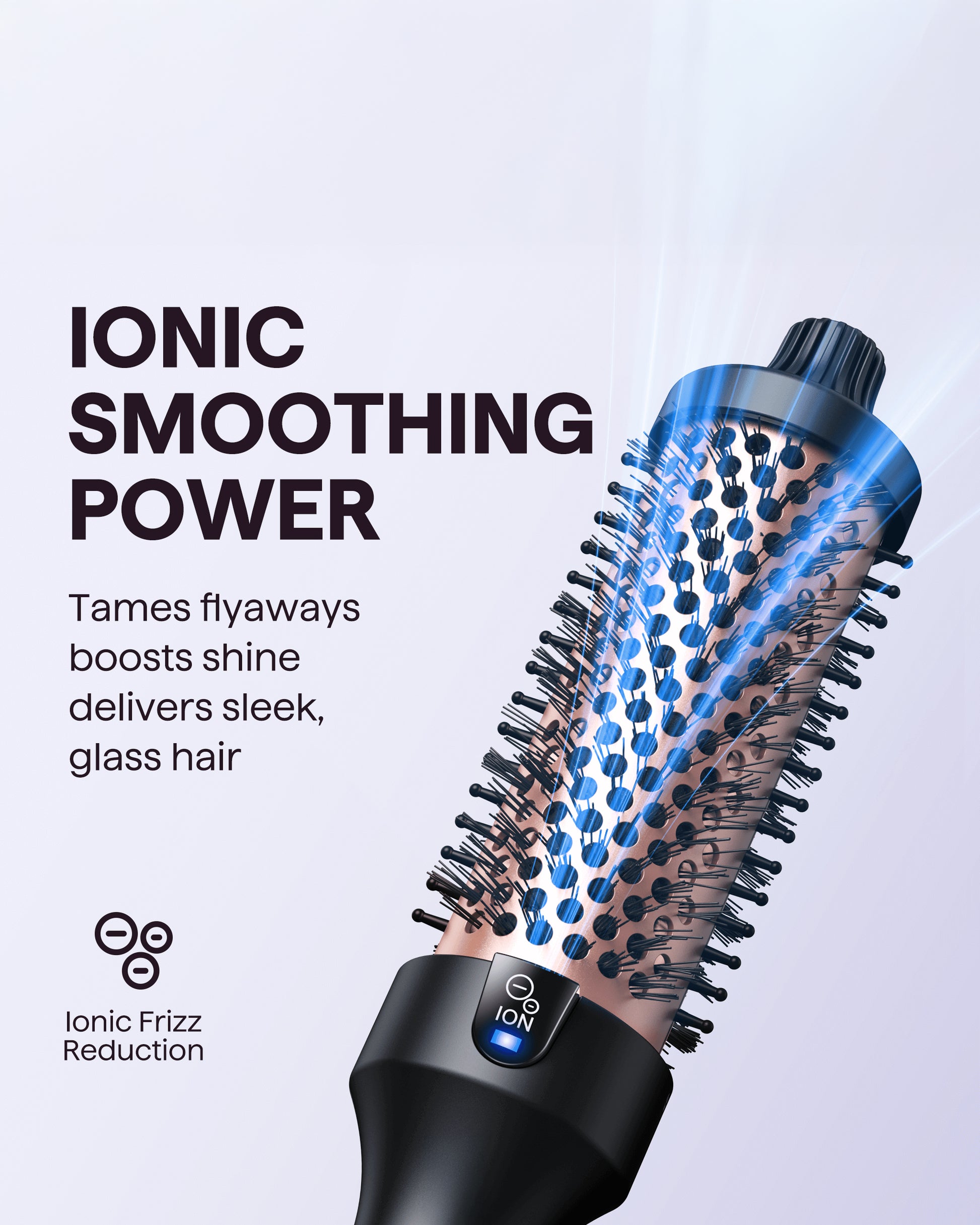 Hairbrush with blue bristle design on a light gray background, featuring text about ionic smoothing power.