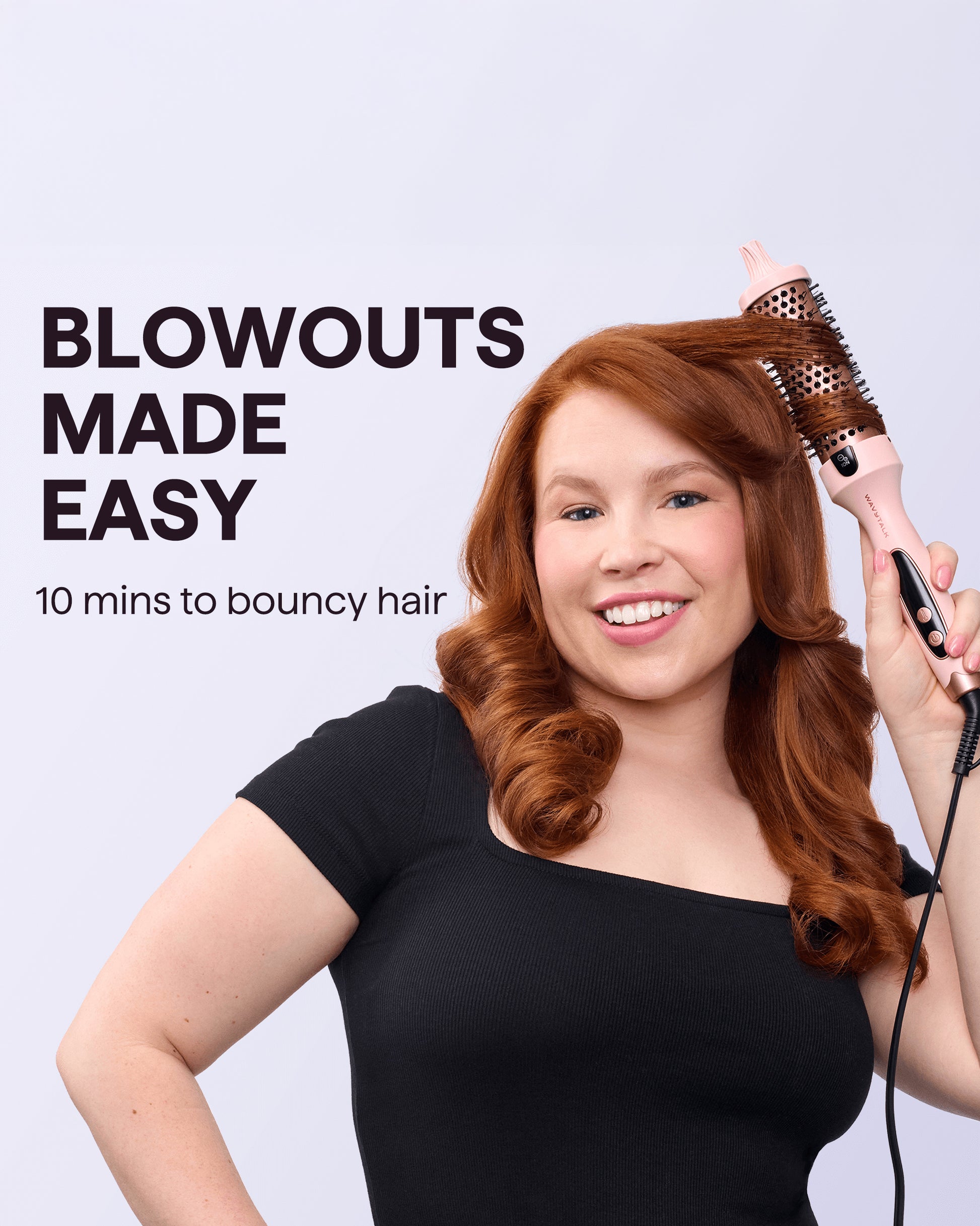 Woman with styled hair using a hair dryer on a light purple background with text 'Blowouts Made Easy'.