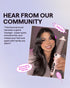 Woman holding a hairbrush with text about community feedback on a thermal brush.